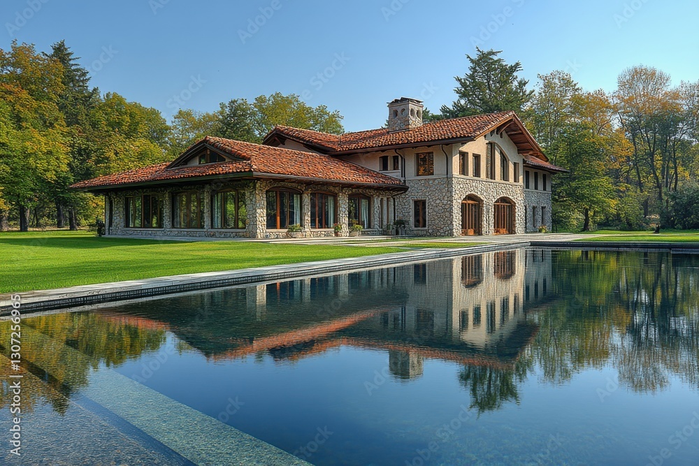 Elegant Stone Mansion Surrounded by Lush Greenery and Reflective Pool in Peaceful Landscape Elegant Stone Mansion Surrounded by Lush Greenery and Reflective Pool in Peaceful Landscape