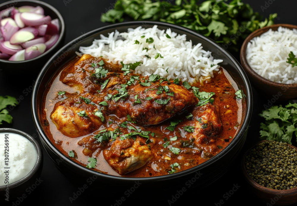 Fototapeta premium Spicy Chicken Curry with Rice Served in a Black Bowl