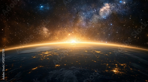 Fototapeta Naklejka Na Ścianę i Meble -  Stunning earth sunrise space view with bright golden light and starry galaxy sky dark stars night