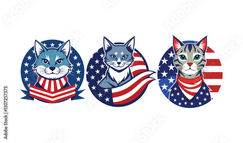 campaign vector t-shirt design of a cat on american flag stars and stripes isolated on a white background set