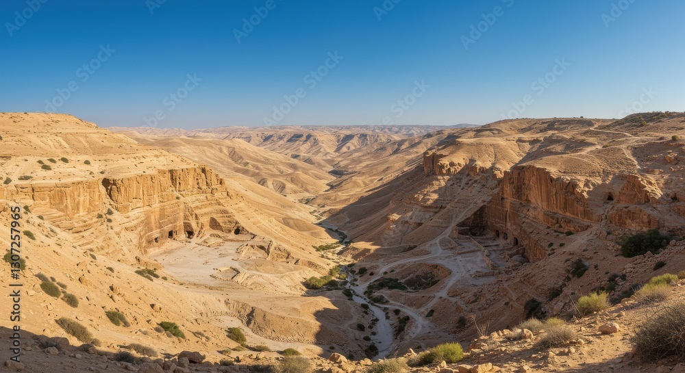 Panoramic view of a vast desert canyon under a clear blue sky with rugged cliffs Panoramic view of a vast desert canyon under a clear blue sky with rugged cliffs