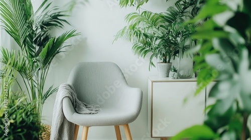 Cozy gray armchair in intimate close-up, draped with a matching blanket, exuding warmth. Curved backrest and armrests invite relaxation, oriented to the left photo