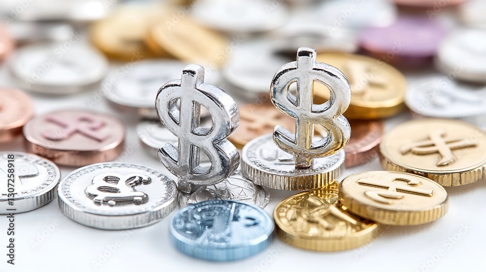 Silver Dollar Signs on Stack of International Currency Coins Global Finance Concept Silver Dollar Signs on Stack of International Currency Coins Global Finance Concept