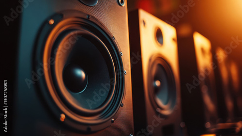 Row of powerful modern audio speakers in warm ambient light creating an immersive sound experience in a studio setting