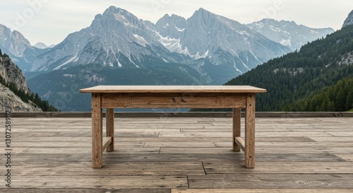 Rustic wooden table set against majestic mountain backdrop with serene atmosphere