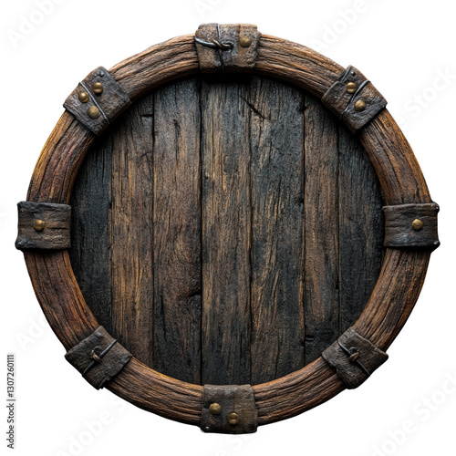 Wooden barrel with metal accents, white isolate background photo