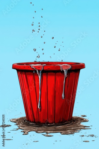 Pixel Art Red Bucket Overflowing Water Mud Puddle Light Blue Background