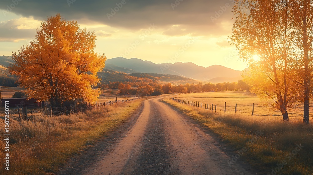 A golden sunset illuminates a rural road through the countryside landscape A golden sunset illuminates a rural road through the countryside landscape