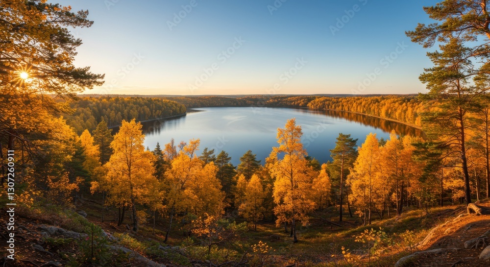 Fototapeta premium Serene Autumn Landscape with Golden Trees Surrounding a Calm Lake at Sunset