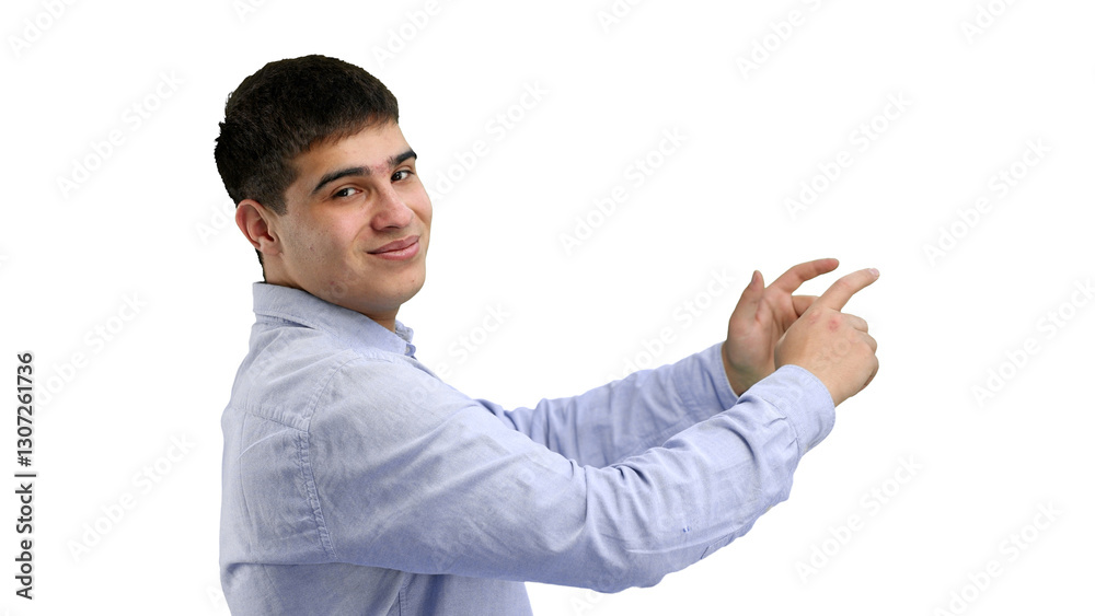 A man, close-up, on a white background, points to the side