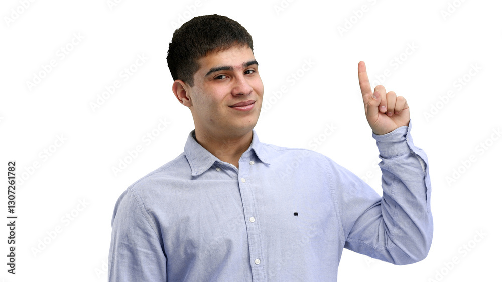 Man, close-up, on a white background, pointing up Man, close-up, on a white background, pointing up