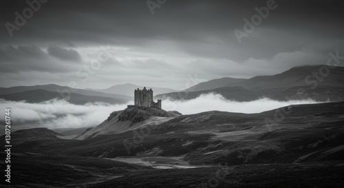 Misty Scottish Highlands Black and White Depiction