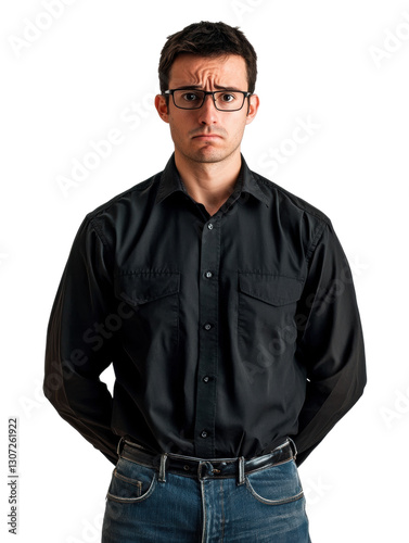 Concerned man with glasses, white isolate background