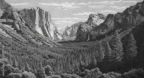 Yosemite Valley Black and White Drawing with El Capitan and Half Dome