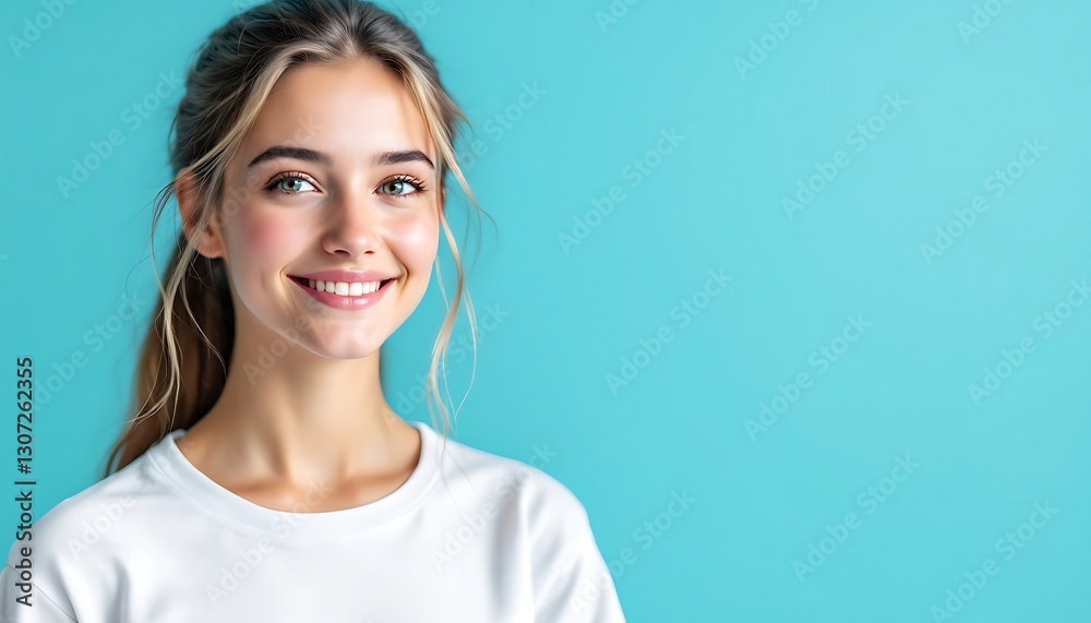 Smiling Woman Portrait with Turquoise Background and White Shirt Smiling Woman Portrait with Turquoise Background and White Shirt