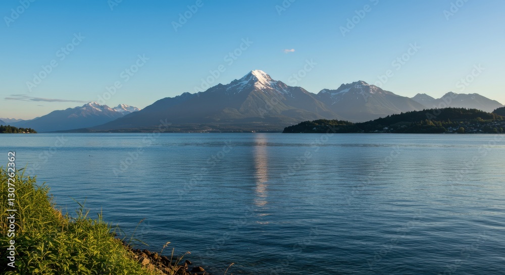 Serene lake view with snow-capped mountains under a clear blue sky at sunset