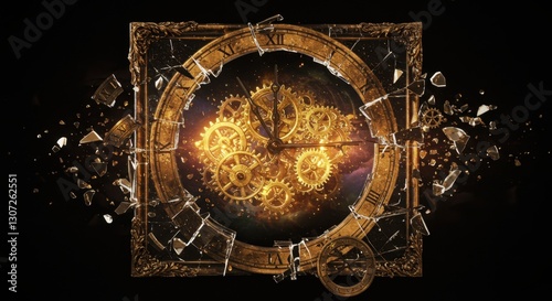 Shattered Time Portal with Broken Clock and Gears