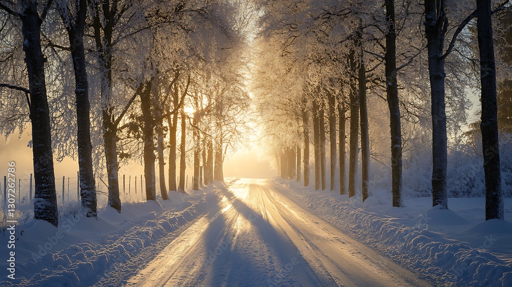 A snowy road framed with trees leading toward the sunrise light A snowy road framed with trees leading toward the sunrise light