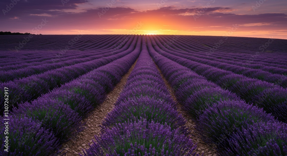 Serene Lavender Field at Sunset with Vibrant Colors and Tranquil Atmosphere Serene Lavender Field at Sunset with Vibrant Colors and Tranquil Atmosphere