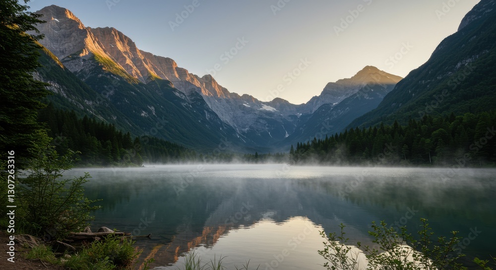 Fototapeta premium Serene mountain landscape at dawn with mist over a tranquil lake and lush forests