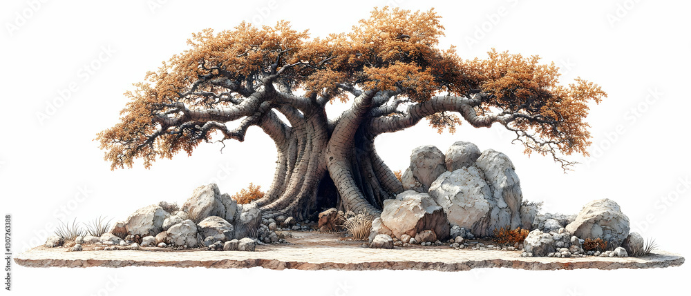 Fototapeta premium Ancient tree, rocks, desert scene. Nature backdrop