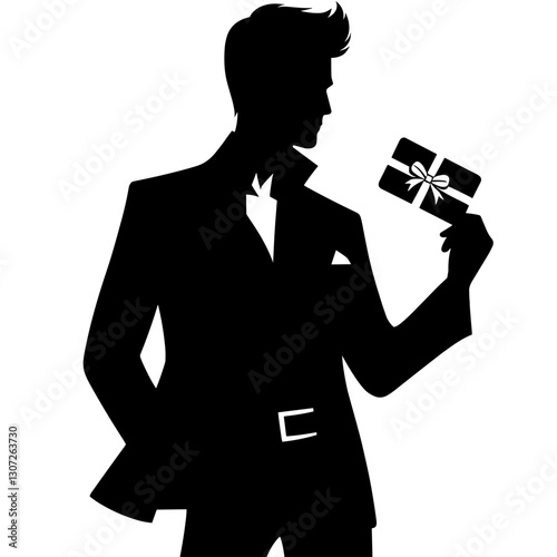 Elegant man holding gift card silhouette