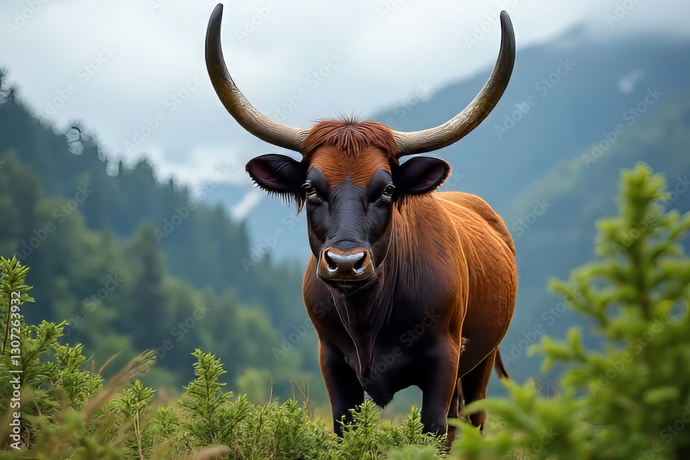 Majestic Highland Cow with Large Horns in Mountainous Landscape