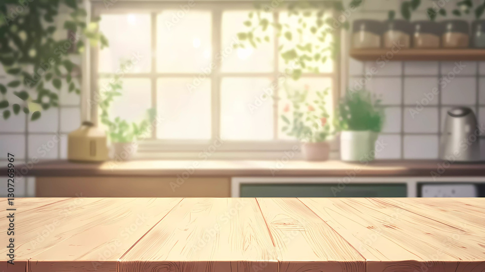 Wooden table on blurred kitchen bench background. Empty wooden table and blurred kitchen background Wooden table on blurred kitchen bench background. Empty wooden table and blurred kitchen background