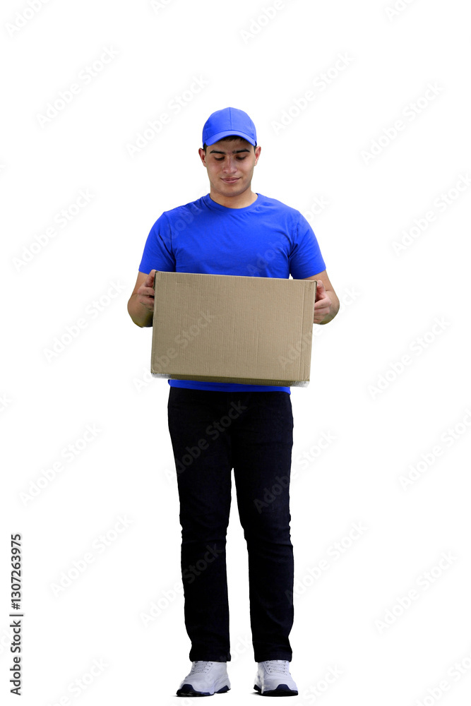 The deliveryman, full-length, on a white background, with a box The deliveryman, full-length, on a white background, with a box