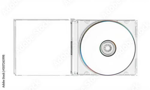 clear CD jewel case mockup featuring empty cover and blank disc, perfect for showcasing your designs or music projects. Ideal for presentations and marketing materials