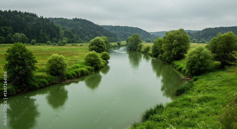 Fototapeta premium Serene river flowing through lush green landscape under cloudy sky