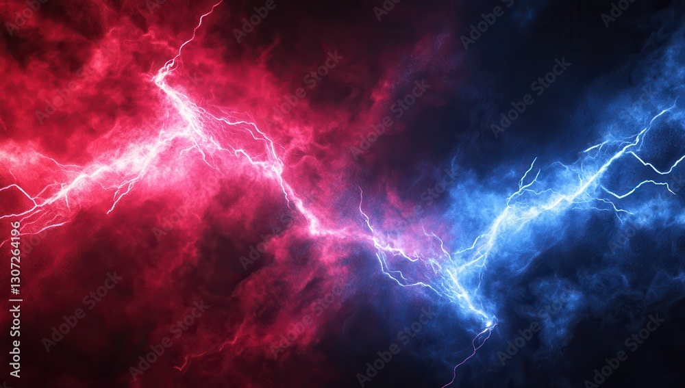Dramatic Lightning Strikes Across Dark Clouds with Intense Red and Blue Color Contrast Creating an Electric Atmosphere in the Sky Dramatic Lightning Strikes Across Dark Clouds with Intense Red and Blue Color Contrast Creating an Electric Atmosphere in the Sky