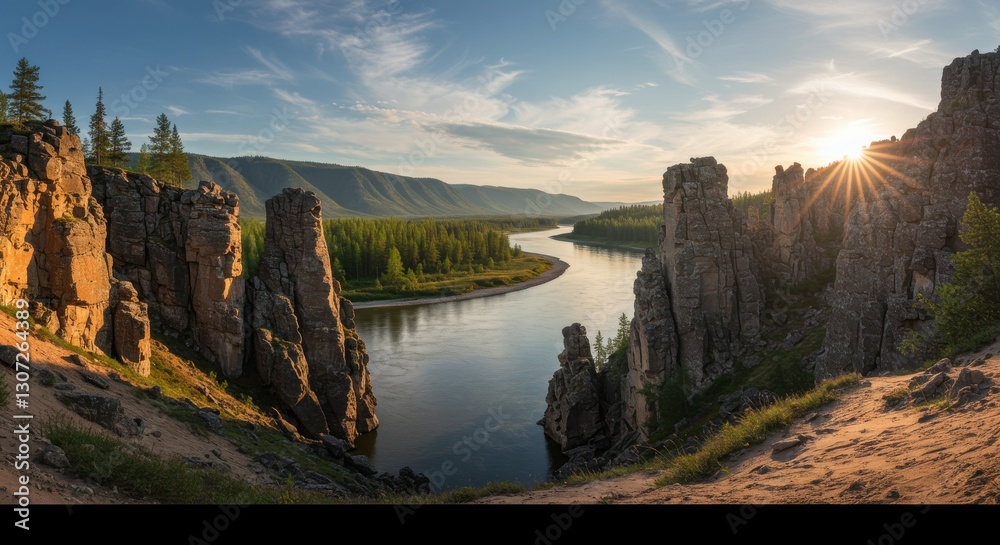 Fototapeta premium Serene river winding through majestic cliffs at sunset with lush greenery nearby
