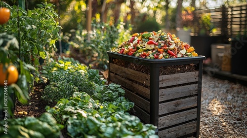 Garden compost container with vegetable scraps. Food waste to help soil growth and plant. Organic garden material. Composting food in the garden. photo