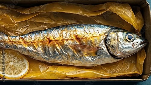 Grilled Fish in Cardboard Box with Lemon, Prepared Food photo