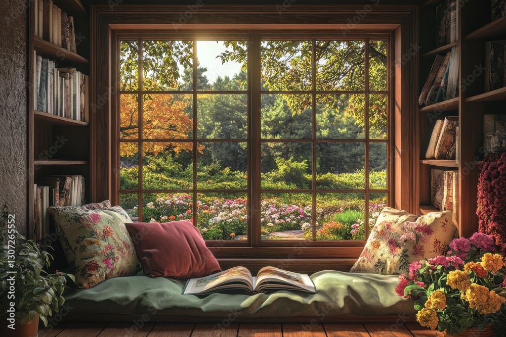 Fototapeta premium Cozy reading nook with flowers and a sunny garden view during autumn