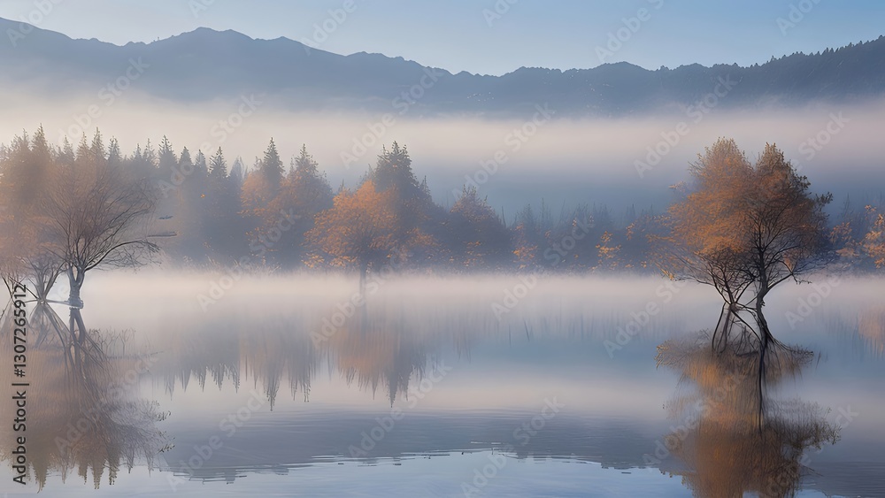 Misty autumn lake, trees reflected, mountain backdrop, peaceful scene Misty autumn lake, trees reflected, mountain backdrop, peaceful scene