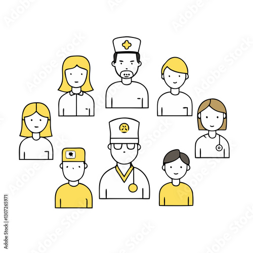 Hospital teamwork illustration with healthcare professionals and patients, minimalistic design