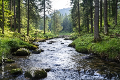 Crystal-clear mountain stream flowing through lush forest