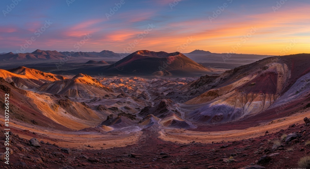 Naklejka premium Stunning panoramic view of colorful mountains at sunset with valleys below