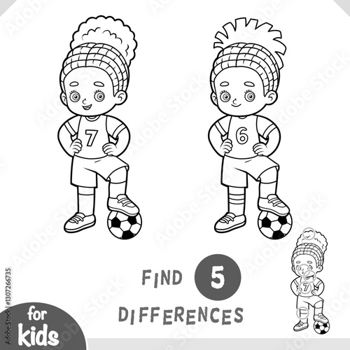 Cartoon character Football player girl with a ball. Find differences, educational game for children