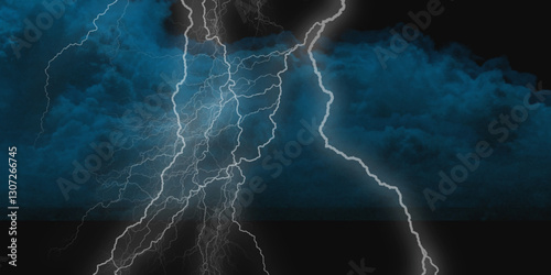 Lightning strikes in sky. Strong thunder storm in black clouds. Fork lightning striking down during summer storm. Marble texture, decorative dark stone. Blue neon.


