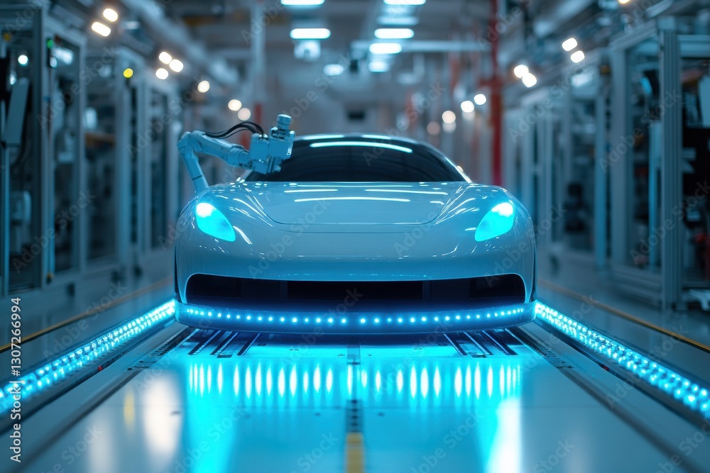 Futuristic Car in Advanced Manufacturing Facility with Robotic Arm and Blue LED Lights Futuristic Car in Advanced Manufacturing Facility with Robotic Arm and Blue LED Lights