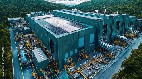 Factory building image. Large industrial site with many pipes and components near trees. Showing processing operation of materials and energy. photo