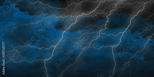 Lightning strikes in sky. Strong thunder storm in black clouds. Fork lightning striking down during summer storm. Marble texture, decorative dark stone. Blue neon.


