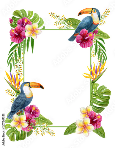 Tropical frame with toco toucan bird and tropics flowers. Hand drawn watercolor painting with hibiscus, frangipani and monstera palm leaves. Floral summer border.