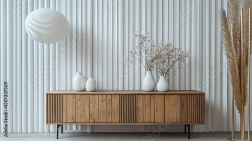 Light brown wooden sideboard exudes elegance, its smooth surface adorned with subtle horizontal grooves, resting gracefully on a sleek gray floor. A touch of sophistication in every detail photo