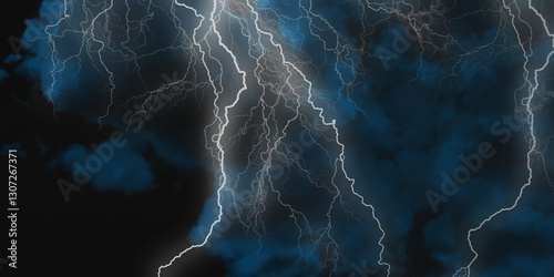 Lightning strikes in sky. Strong thunder storm in black clouds. Fork lightning striking down during summer storm. Marble texture, decorative dark stone. Blue neon.


