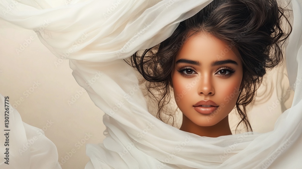 Elegant portrait of a woman enveloped in soft, flowing white fabric, highlighting beauty and grace with a neutral background. Elegant portrait of a woman enveloped in soft, flowing white fabric, highlighting beauty and grace with a neutral background.