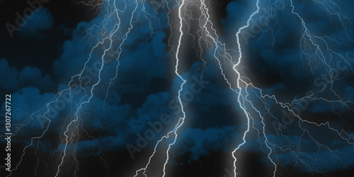 Lightning strikes in sky. Strong thunder storm in black clouds. Fork lightning striking down during summer storm. Marble texture, decorative dark stone. Blue neon.


